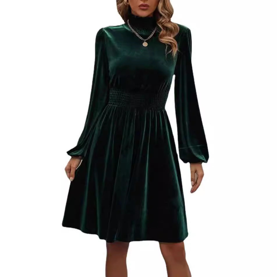 Graceful Stand Collar Solid Color Velvet Long Sleeve Dress