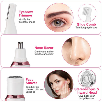 1Pc 4 In 1 Electric Razor For Women Painless Grooming Kit Rechargeable Eyebrow Nose Hair Pubic Hair Bikini Trimmer Face Shaver - DropOnline.co