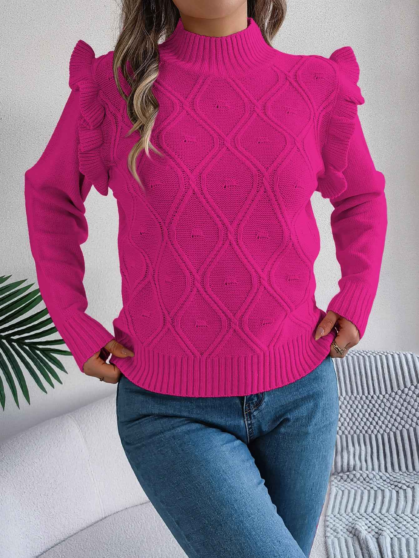 Women Solid Color Ruffled Mock Neck Long Sleeve Pullover Sweater
