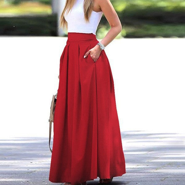 Women's High Waist Pleated Long Skirt - Elegant A-Line Design