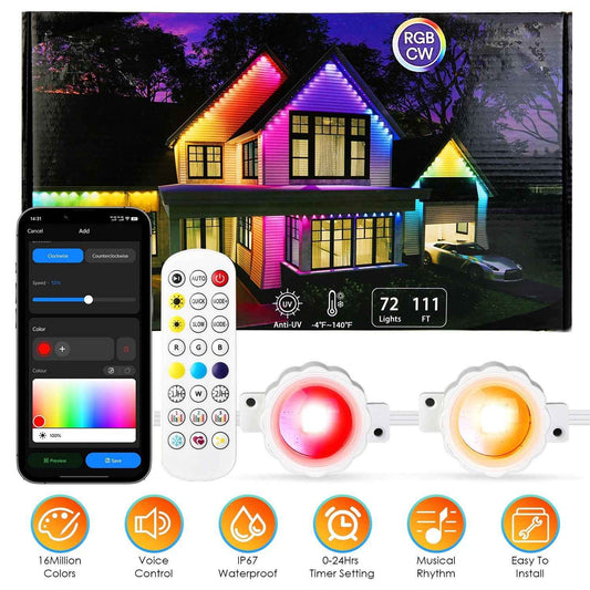 101FT Permanent Outdoor Lights - 72Pcs RGB Beads IP67 Waterproof Smart Eave Light - DropOnline.co