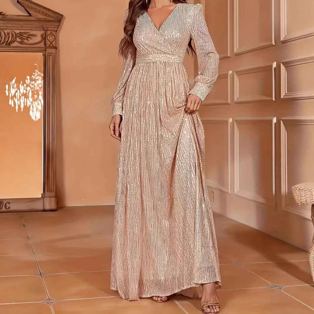 Elegant Dinner Sequined Long Sleeve V-neck High Waist Evening Dress