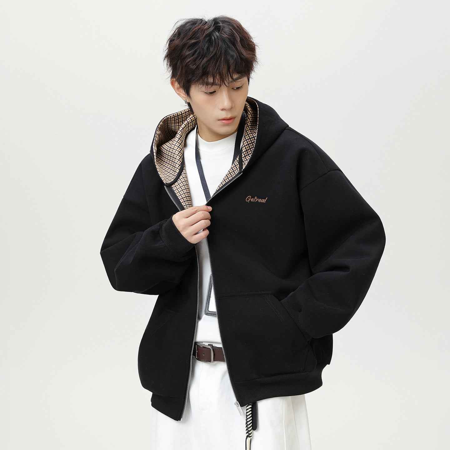 Houndstooth Contrast Color Inner Hooded Sweater Men's Autumn