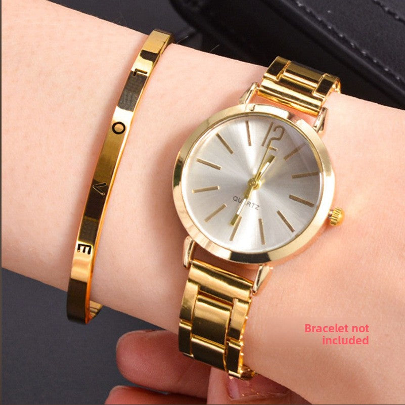 Gold Steel Band Quartz Watch - Elegant Bracelet Timepiece