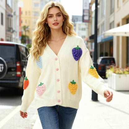 Women's Strawberry Jacquard Cardigan Sweater