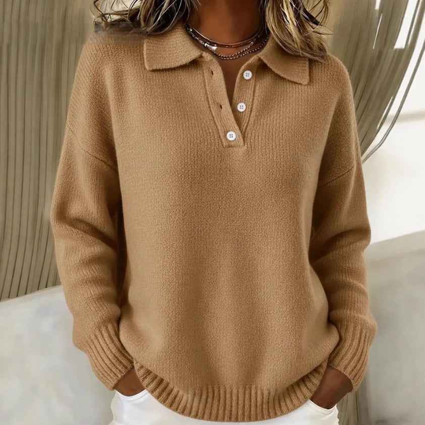 Loose And Soft Women's Lapel Long Sleeve Button Sweater