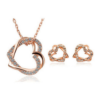 Yiwu Fashion Jewelry Factory Jewelry Customized Double Diamond Heart Necklace Earring Set - DropOnline.co