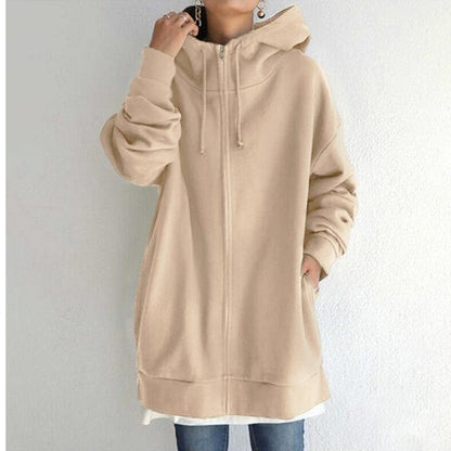 Women's Oversized Hooded Zip-Up Sweatshirt - Velvet-Lined Long Coat - DropOnline.co