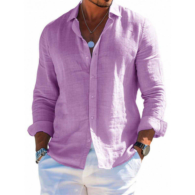 Men's Long Sleeve Casual Loose Lapel Button Shirt - Solid Color Plus Size Top