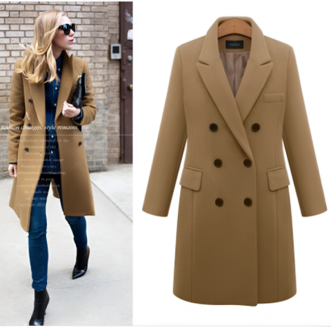 Women's Double-Breasted Woolen Coat - Long Winter Outerwear