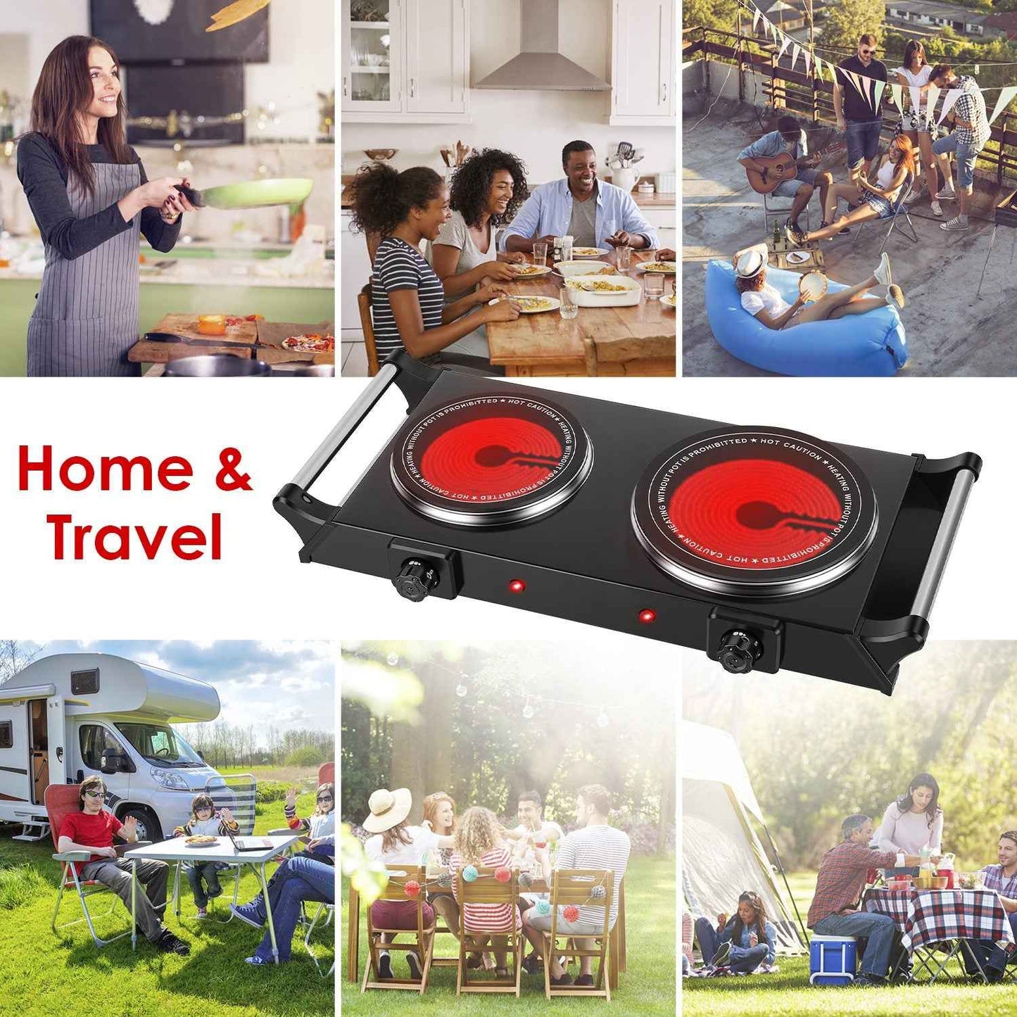 1800W Electric Double Burner Portable Heating Hot Plate Stove Countertop RV Hotplate With 5 Temperature Stepless Adjustments Portable Handles