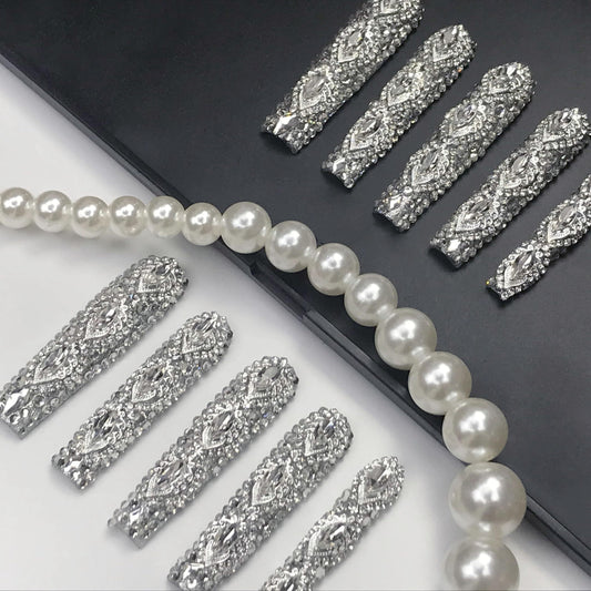 GGddsha Queen Of Haute Style Full Diamond Long NailsPMMA Acrylic Handmade Full Deluxe 3D Crystal Fake Nailsw Box, Gift For Women,Luxe Divinity