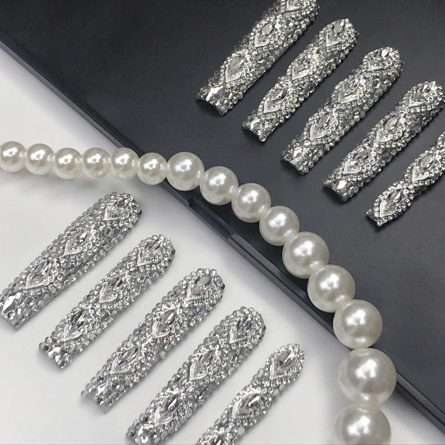 GGddsha Queen Of Haute Style Full Diamond Long NailsPMMA Acrylic Handmade Full Deluxe 3D Crystal Fake Nailsw Box, Gift For Women,Luxe Divinity