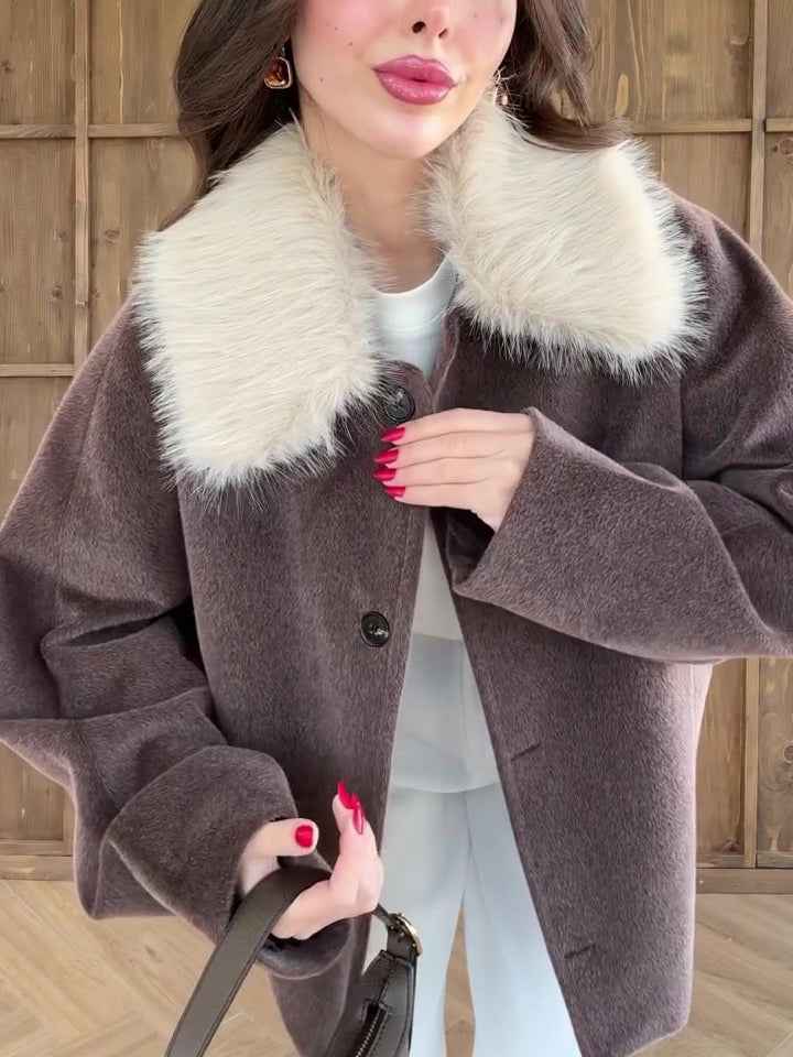 Brown Oversized Coat With White Faux Fur Collar