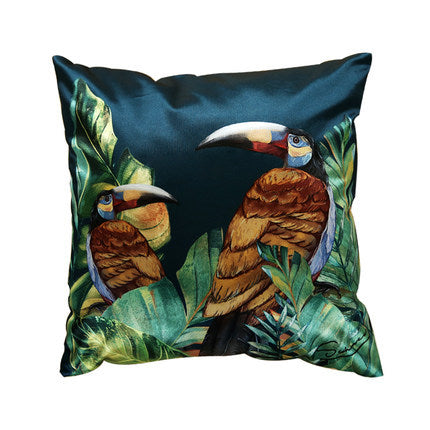 Modern rainforest bird green leaf print cushion cover