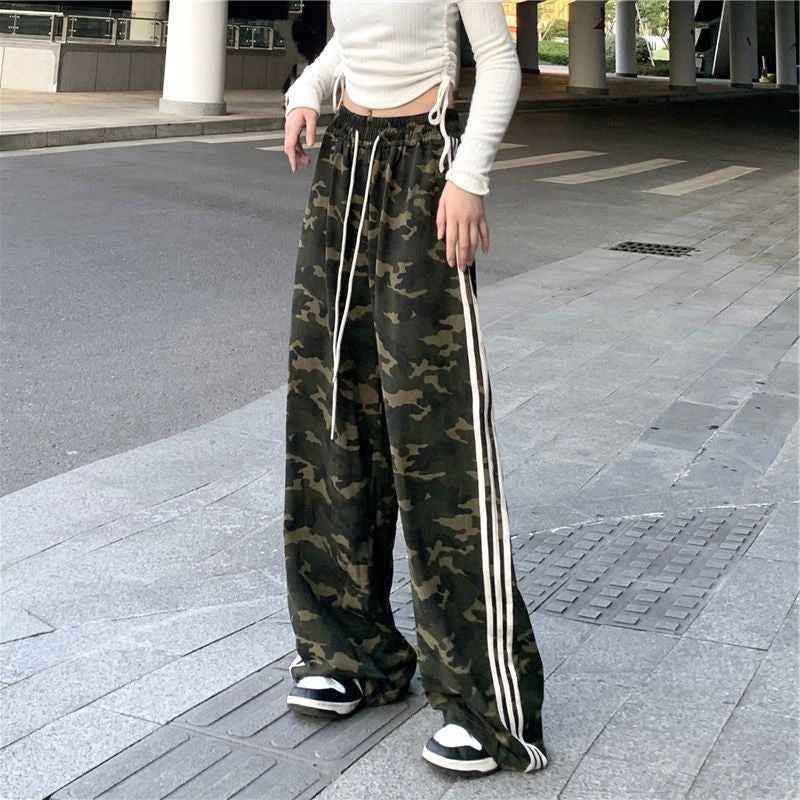 Striped Three-bar Color-block Camouflage Casual Draped Dance Sport Floor-length Trousers