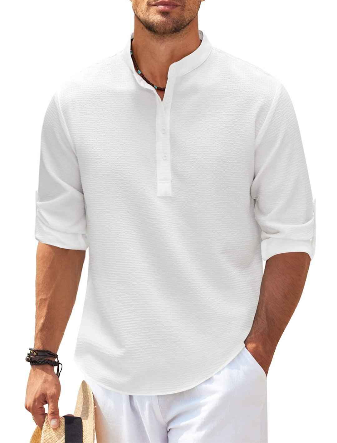 Men's Long Sleeve Stand Collar Shirt - Solid Color Casual Button-Up