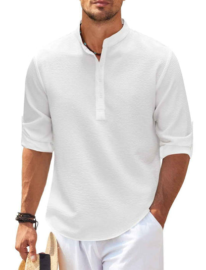 Men's Long Sleeve Stand Collar Shirt - Solid Color Casual Button-Up