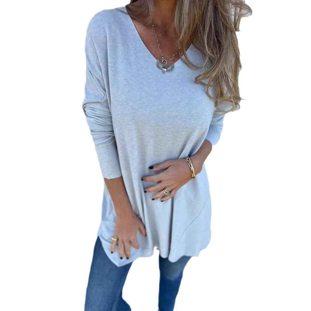 Solid Color V-neck Knitted Sweater Loose Top Women's Clothing