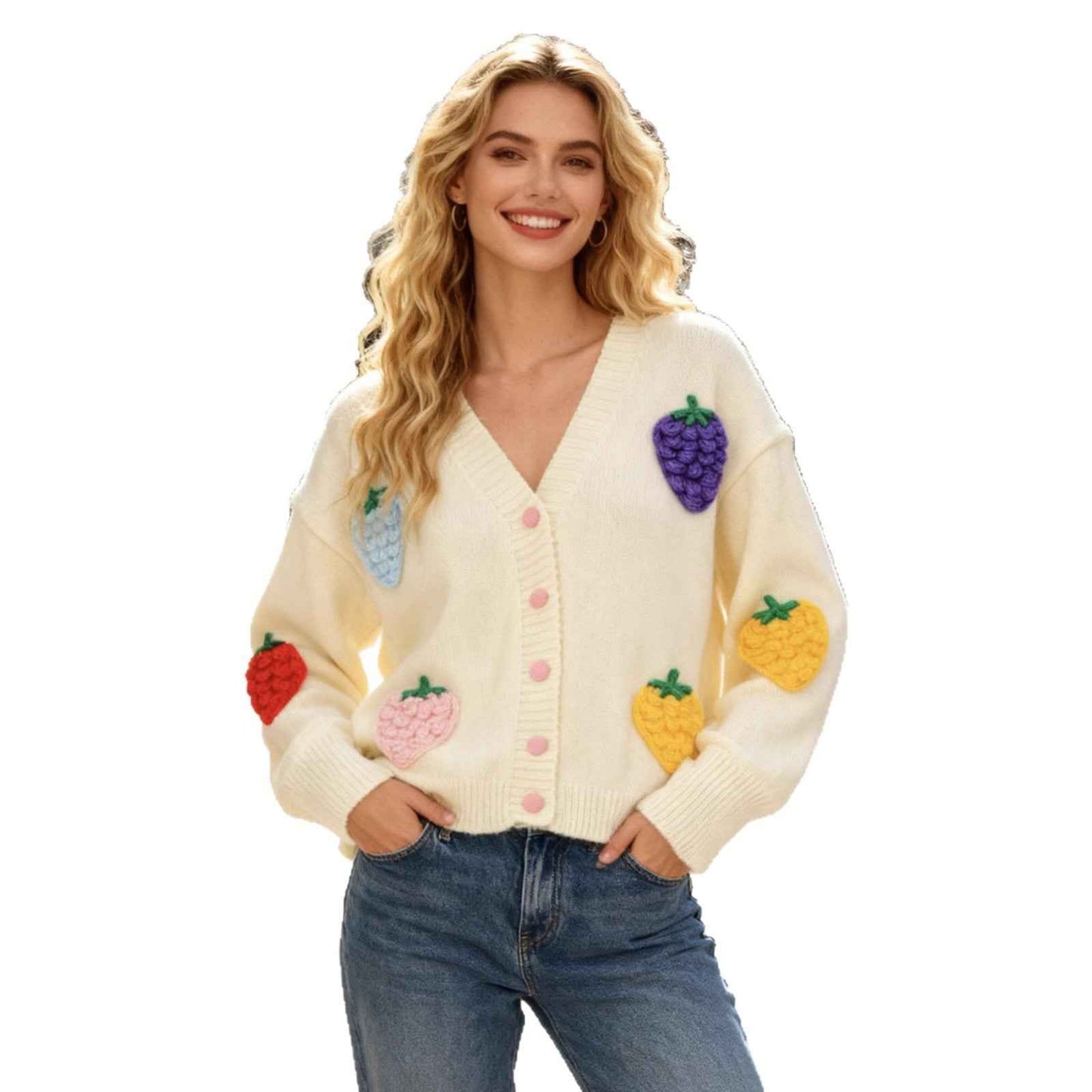 Women's Strawberry Jacquard Cardigan Sweater