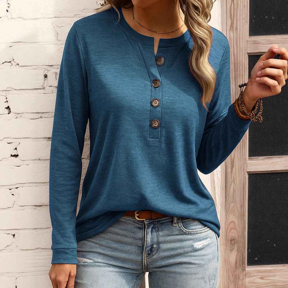 Women's Casual V-neck Placket Long Sleeve Pullover Multi-color Sweater