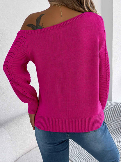 Women Casual Solid Color Hollow Out Off-Shoulder Long Sleeve Pullover Sweater