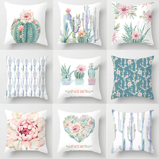 Watercolor Cactus Flowers Green Succulents Cushion Cover