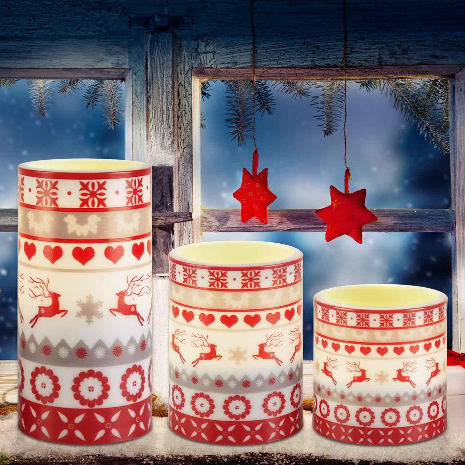 3Pack Christmas Flameless LED Candles - Deer Flickering Pillar with Remote Control - DropOnline.co