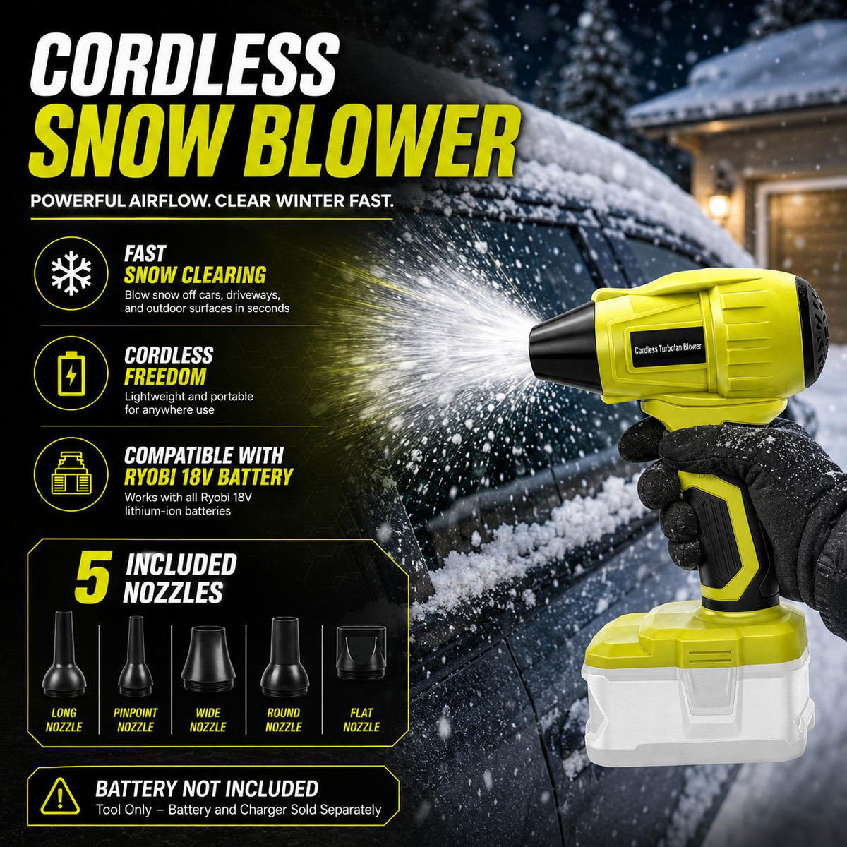 Compatible for Ryobi 18V Battery Leaf Blower - Cordless Brushless Motor Handheld Blower with 5 Nozzles, Variable Speed Mini Blower Suitable for Lawn,, Driveway,, Battery- (Battery Not Included)