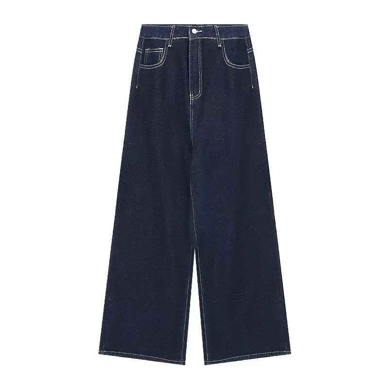 Dark Blue Dad Waist Slimming Wide-leg Pants For Outerwear
