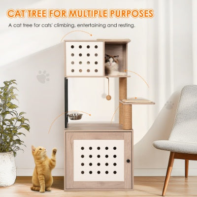 Cat Tree With Litter Box Enclosure, Allinone Cat Tower For Indoor Cats With Large Hammock, Bed, Food Station, Scratching Posts, Modern Style Pet Furniture, Gray White - DropOnline.co