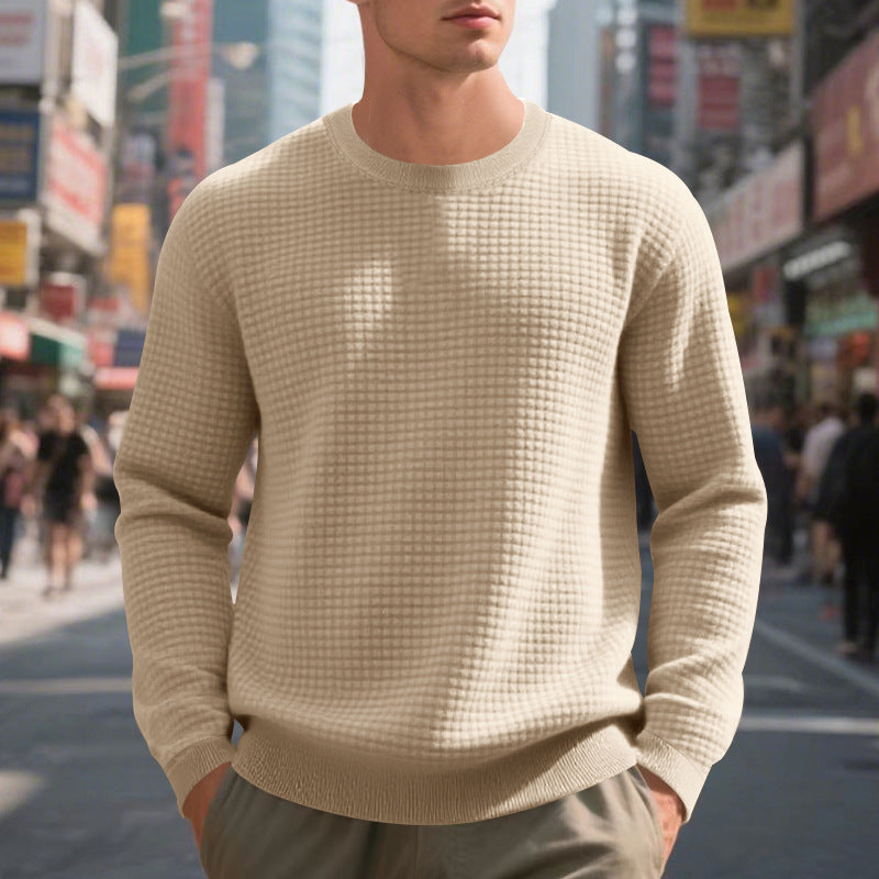 Men's Loose Simple Sports Jacquard Round Neck Sweater - Long Sleeve Athletic Top