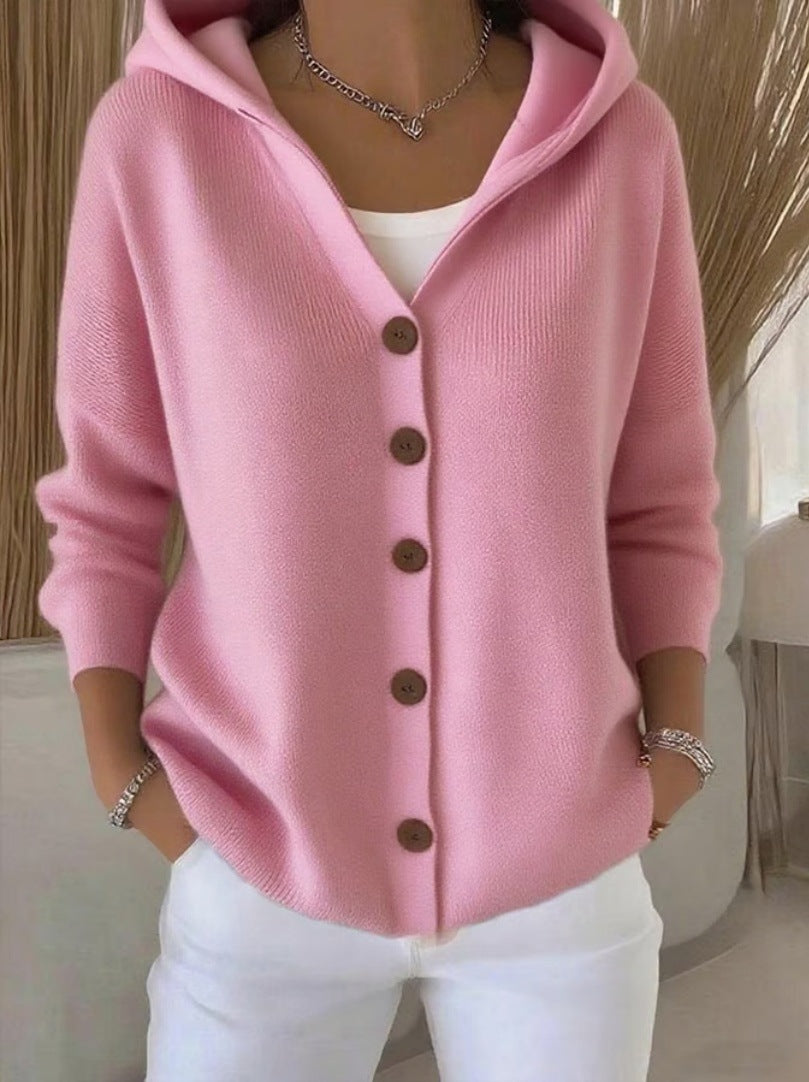 Buttoned Knitted Hooded Sweater - Cozy Women's Cardigan with Hood