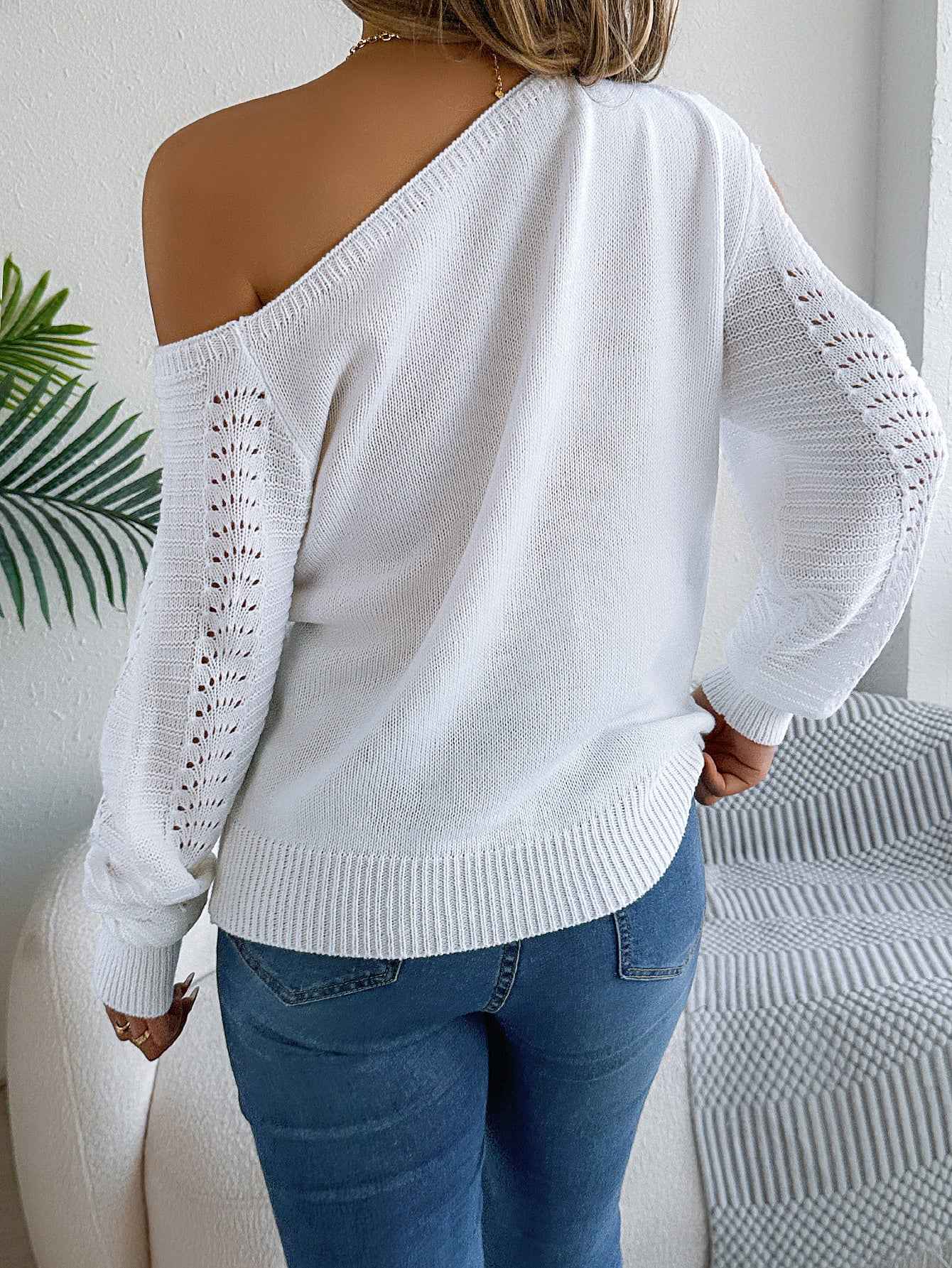 Women Casual Solid Color Hollow Out Off-Shoulder Long Sleeve Pullover Sweater
