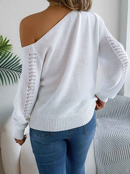 Women Casual Solid Color Hollow Out Off-Shoulder Long Sleeve Pullover Sweater