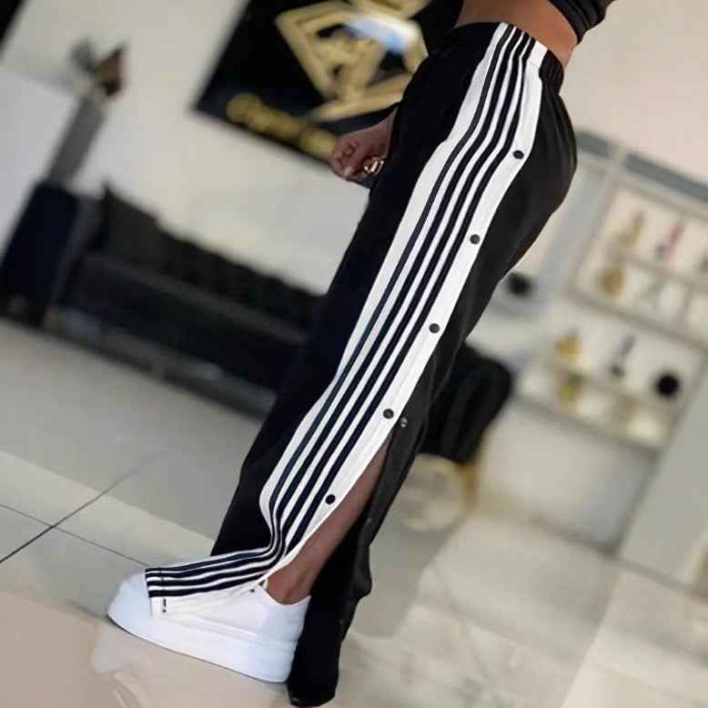 Fashion Trend Stripes Side Button Pants Wide Leg Pants