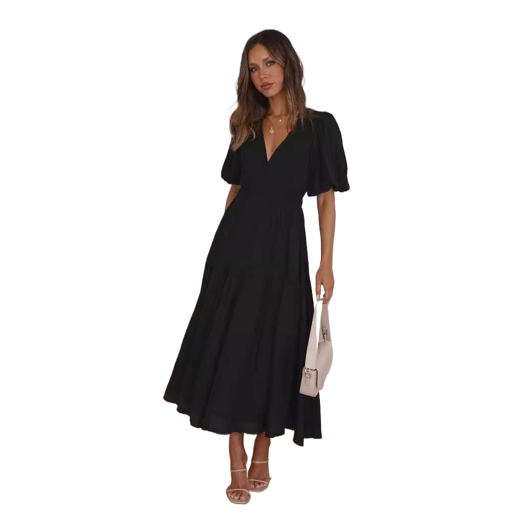 Deep V Puffed Sleeve Vacation Dress - Romantic Resort Style for Women
