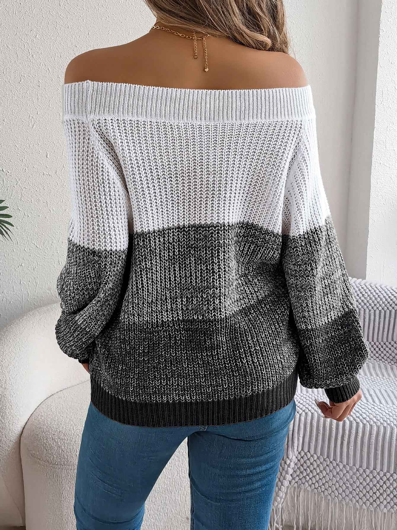 Women Casual Color Block Off-Shoulder Lantern Sleeve Pullover Sweater