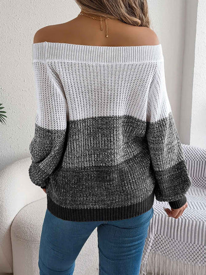 Women Casual Color Block Off-Shoulder Lantern Sleeve Pullover Sweater