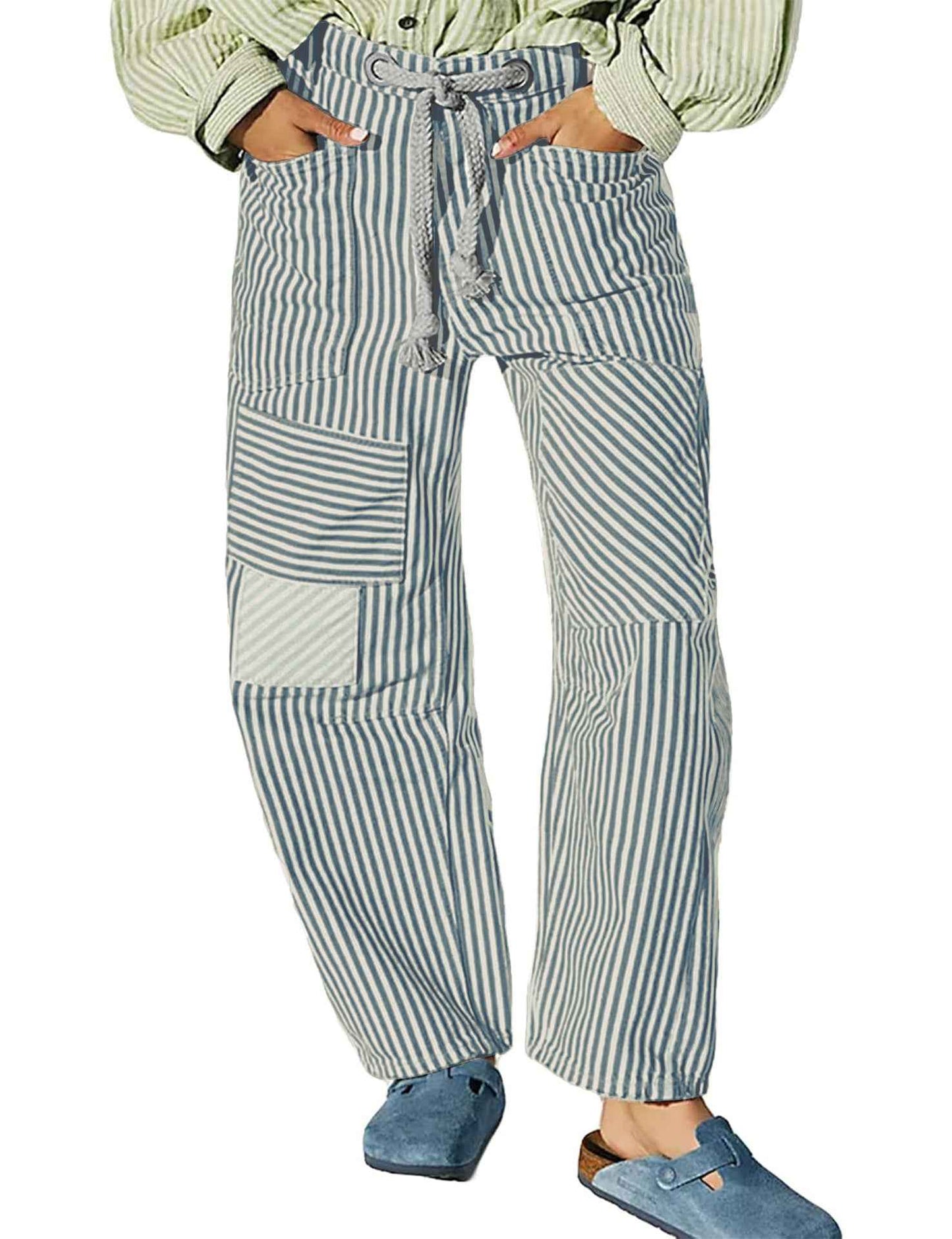 Fashion Commuter Casual Loose Wide Leg Striped Stitching Drawstring Pocket Trousers