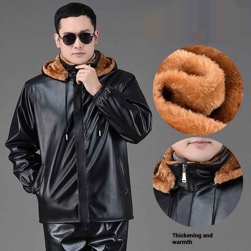 Winter Fleece-lined Plus Thick And Wide Leather Coat For Men