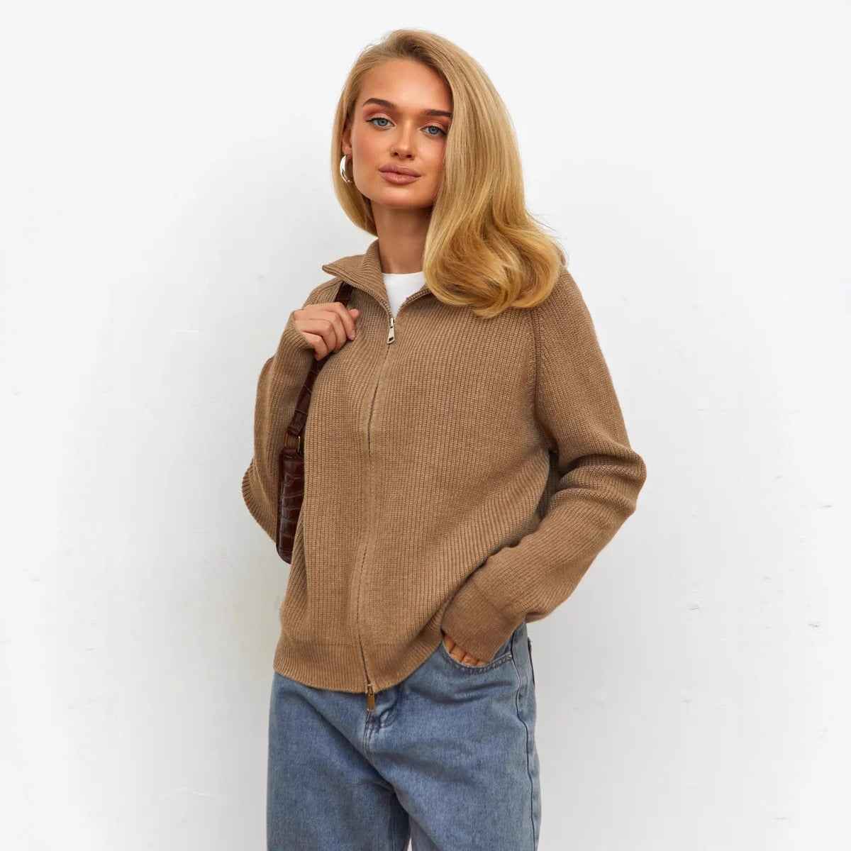 Women's Casual Knit Dual-zip Solid Color Sweater