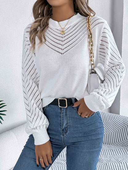 Women Casual Solid Color Crew Neck Hollow Out Lantern Sleeve Sweater