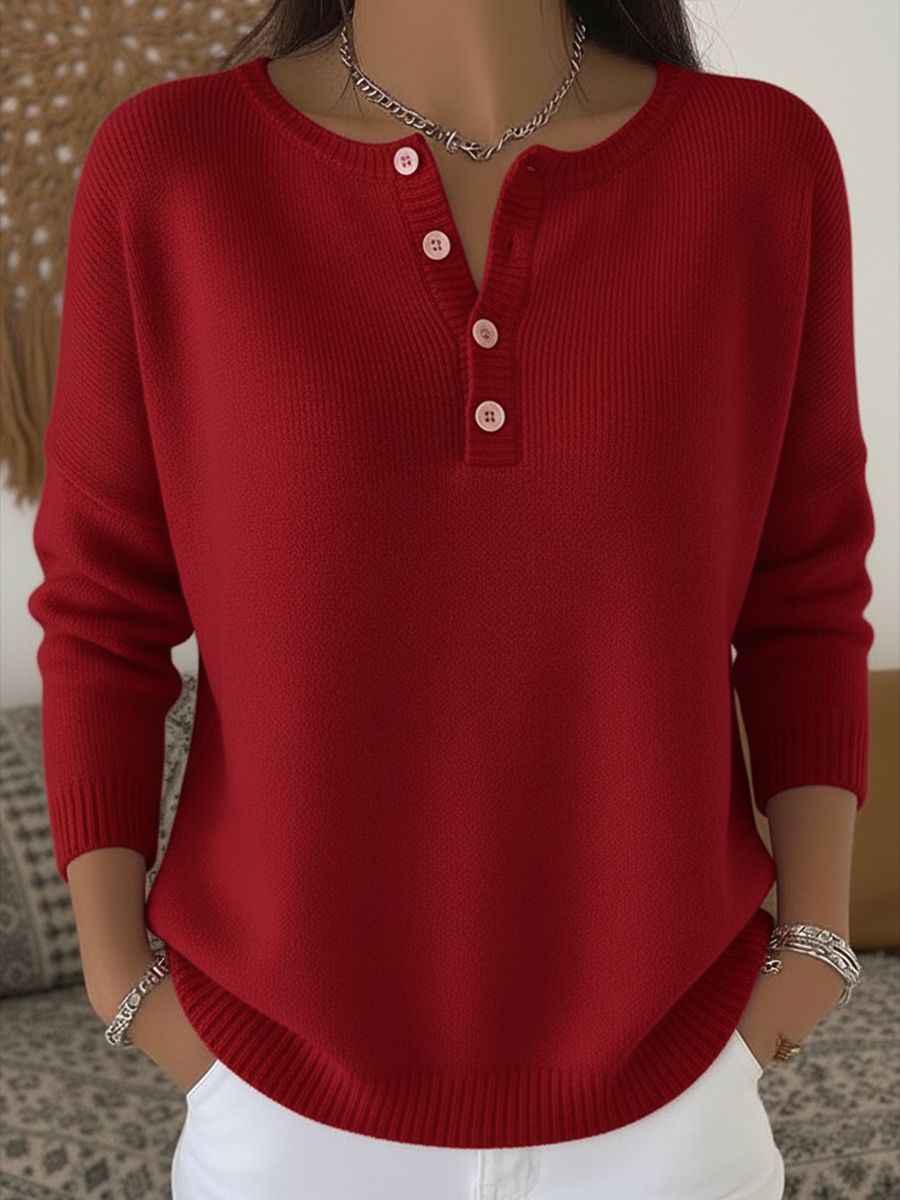 Woolen Button V-Neck Women's Sweater