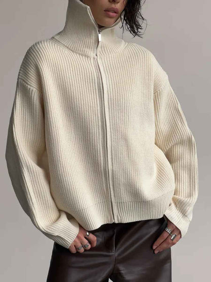 Women's Casual Knit Dual-zip Solid Color Sweater