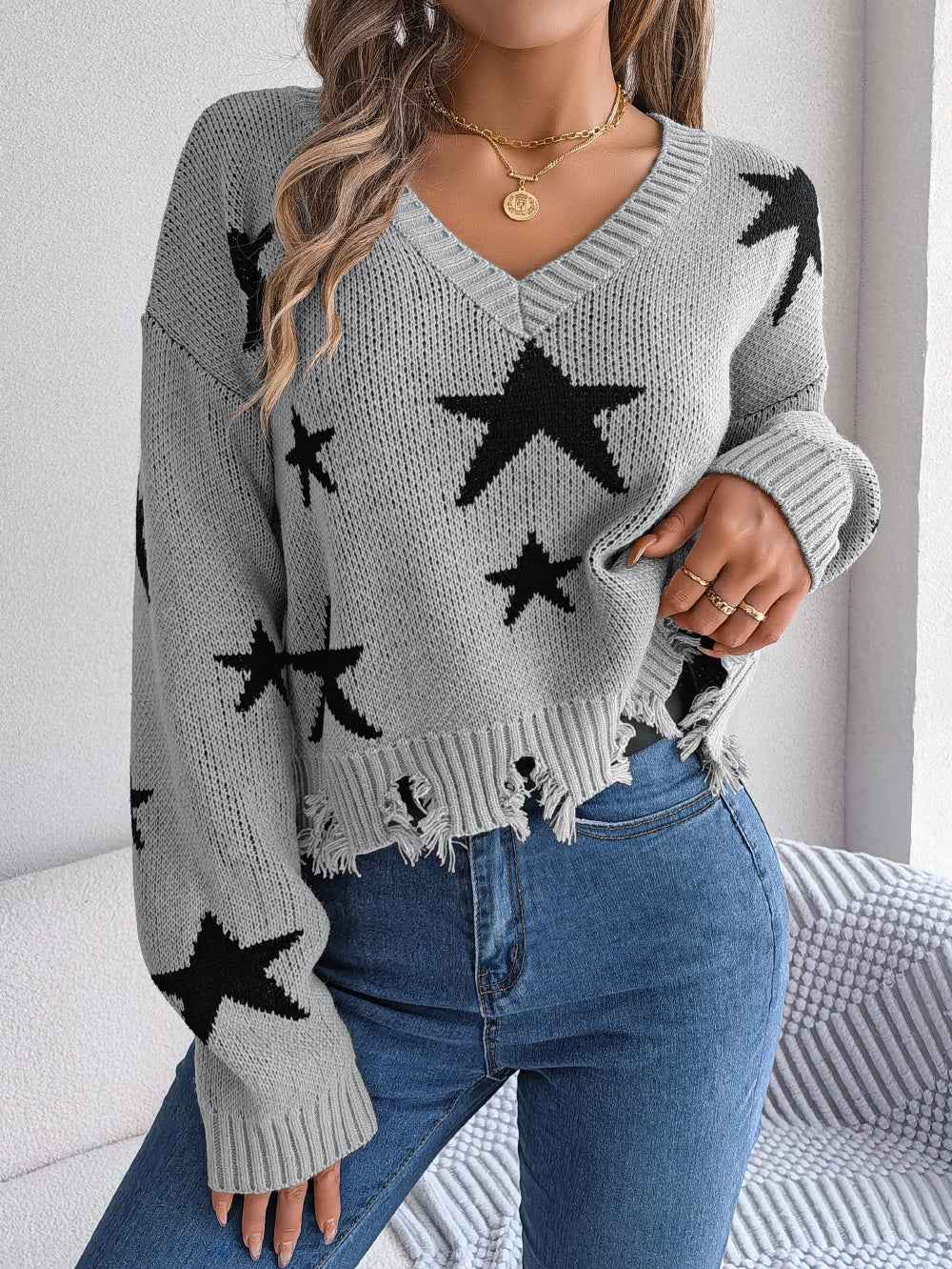 Women Casual V-Neck Star Distressed Long Sleeve Knit Sweater