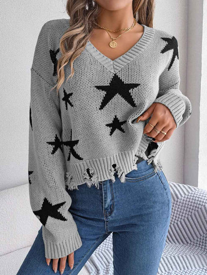 Women Casual V-Neck Star Distressed Long Sleeve Knit Sweater