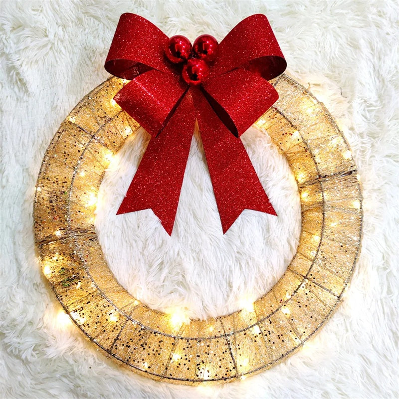Christmas LED Wreath 50cm - Luminous Metal Garland with Bow & Warm Lights for Front Door