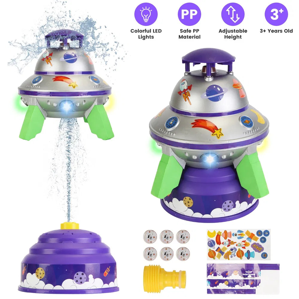 UFO Water Sprinkler Outdoor Summer Rocket Toy With Colorful LED Lights 360° Spinning 1.64FT To 6.56FT Adjustable Height Birthday Summer Gift For Girls Boys Aged 3+ Years Old GPCT5465