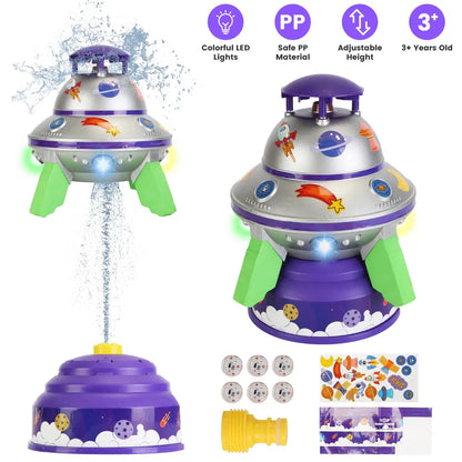 UFO Water Sprinkler Outdoor Summer Rocket Toy With Colorful LED Lights 360° Spinning 1.64FT To 6.56FT Adjustable Height Birthday Summer Gift For Girls Boys Aged 3+ Years Old GPCT5465